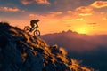 Adventure in twilight silhouette of a mountain biker at sunset Royalty Free Stock Photo