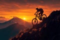 Adventure in twilight silhouette of a mountain biker at sunset Royalty Free Stock Photo