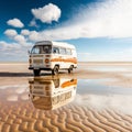 Adventure Vacation and Lifestyle: Driving a Camper Van along the Low Tide Wadden Sea at the Beach of Romo, Denmark. Generative AI