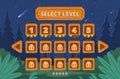 Adventure video game night interface. Wooden buttons and level screen, dark forest with shooting star, ui design
