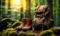 Adventure in the wilderness: a rugged pair of hiking boots alongside a durable backpack resting on a moss-covered rock in a lush