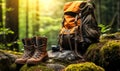 Adventure in the wilderness: a rugged pair of hiking boots alongside a durable backpack resting on a moss-covered rock in a lush