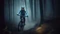 woman cycling forest walking bicyclist bicycle dark bike summer sport sunset. Generative AI.