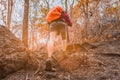 Adventure of women trekking with backpack hiking and climbing in autumn fall Royalty Free Stock Photo