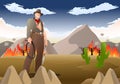 Adventurer cowboy hold whip in burning prairie