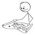 Adventurer Examining Old Treasure Map, Vector Cartoon Stick Figure Illustration Royalty Free Stock Photo