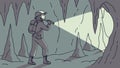 An adventurer with a flashlight exploring a large, dark cavern now vector design Generative AI Royalty Free Stock Photo