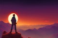 an adventurer man standing on a hill at sunset, dawn scene drawn in animation cartoon style, ai generated image