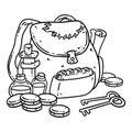 Adventurer pack black outline image. Fantasy character pouch with magical items. Treasure bag comic style doodle. Gold coins,
