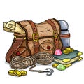 Adventurer pack colorful illustration. Fantasy character pouch with magical items. Treasure bag comic style doodle. Gold coins,