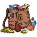 Adventurer pack colorful image. Fantasy character pouch with magical items. Treasure bag comic style doodle. Gold coins, potions