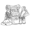 Adventurer pack lineart illustration for coloring. Fantasy character pouch with explorer items. Treasure bag comic style doodle.