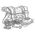 Adventurer pack lineart illustration for coloring. Fantasy character pouch with explorer items. Treasure bag comic style doodle