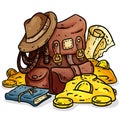 Adventurer pack lineart illustration. Treasure hunter comic style picture. Archaeologist gold-digger backpack