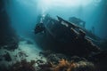 adventurer scuba diving amongst the remains of shipwreck, searching for hidden treasures