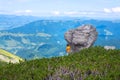 Adventurer stands next to a lonely rock and admires the view