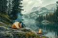 Adventurers camping in scenic wilderness locations in mountain. Royalty Free Stock Photo