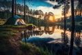 Adventures Camping Tourism and Tent Near Water in Morning and Sunset Sky at Pang ung Pine Forest Park in Mae Hong Son, Thailand. Royalty Free Stock Photo