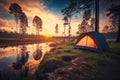 Adventures Camping Tourism and Tent Near Water in Morning and Sunset Sky at Pang ung Pine Forest Park in Mae Hong Son, Thailand. Royalty Free Stock Photo