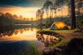 Adventures Camping Tourism and Tent Near Water in Morning and Sunset Sky at Pang ung Pine Forest Park in Mae Hong Son, Thailand. Royalty Free Stock Photo