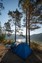 Adventures Camping tourism and tents under the view pine forest landscape near water outdoor in morning and sunset sky. Summer Royalty Free Stock Photo
