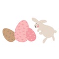 Adventures of Easter bunnies, who are looking for and hiding holiday eggs. Easter design elements in minimalistic vector style.