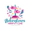 Adventures, happy time logo design, summer vacation, weekend tour, tourist agency creative colorful label vector Royalty Free Stock Photo