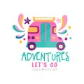 Adventures, lets go, logo design, summer vacation, travel time, weekend tour creative label vector Illustration Royalty Free Stock Photo