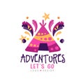 Adventures, lets go logo design, summer vacation, travel time, weekend tour, tourist agency creative label vector Royalty Free Stock Photo
