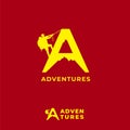 Adventures logo design template isolated on red maroon background. Letter A alphabet, Silhouette of mountain and people climbing