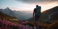 Adventures from porn in the mountains silhouette of a man with a backpack against the backdrop of flowering slopes. Generative ai