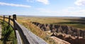 Badlands, South Dakota, summer, fence, rail, prairie, background, blue sky, panoramic