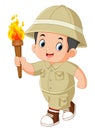 an adventurous boy is excited and runs with a torch