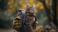 Adventurous cat, clad in travel gear and a backpack, explores natures wonders, embodying curiosity and wanderlust in its journey Royalty Free Stock Photo