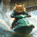 Adventurous Cat Surfing on Jet Ski Royalty Free Stock Photo