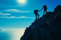 Adventurous Couple Climbing Up a Mountain, Pushing limits together, a hiker helps his mate up a steep mountain, AI Generated Royalty Free Stock Photo