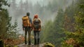 Adventurous Couple Hiking in a Rainy Forest