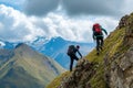 Adventurous Couple Scaling Mountain Peak, Persisting to the sting of altitude, hiker assists friend up the slope, AI Generated Royalty Free Stock Photo