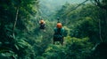 Adventurous couple zip-lining through lush forest canopies on a nature excursion during their summer vacation