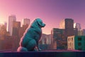 Adventurous dog in city. Rooftop view, cityscape, sunset, pastel colors. Generative AI