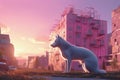 Adventurous dog in city. Rooftop view, cityscape, sunset, pastel colors. Generative AI