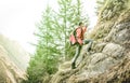 Adventurous explorer trekking and climbing on french alps Royalty Free Stock Photo