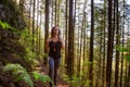 Adventurous Girl Hiking in a Green and Vibrant Rain Forest Royalty Free Stock Photo