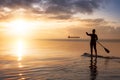 Adventurous girl on a paddle board is paddeling in the Pacific West Coast Ocean Royalty Free Stock Photo