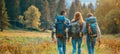 Adventurous group hiking in mountains at sunset, enjoying summer trekking and nature exploration Royalty Free Stock Photo