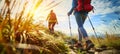 Adventurous group hiking in the mountains at sunset, exploring nature together on a summer trek. Royalty Free Stock Photo