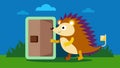An adventurous hedgehog walking through the electronic pet door ready to explore the great outdoors.. Vector Royalty Free Stock Photo