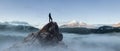 Adventurous Hiker Standing on top Rocky Peak. Adventure Composite. Sunny Sunrise. Nature Background