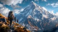 Adventurous Hikers Ascending Majestic Snow-Capped Mountain Peak in Dynamic Composition