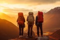 Adventurous Hikers Trekking in Mountain Sunset. AI